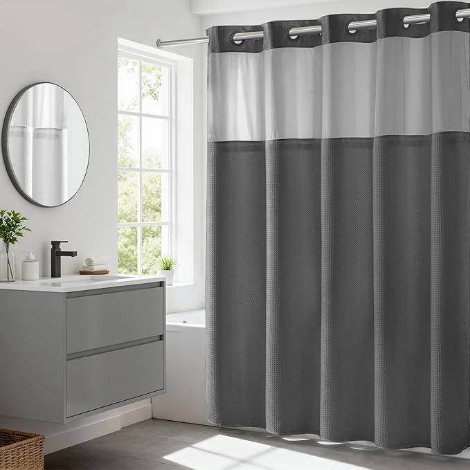 River Dream Heavyweight No Hooks Required Dotted Waffle Weave Shower Curtain with Snap in Liner - 71W x 74H,Hotel Grade,Spa Like Bath Curtain,Graphite Grey