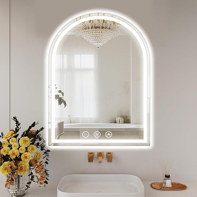 LED Bathroom Mirrors with Lights 30"x34" Arched Mirror for Wall,Led Vanity Mirror, Anti-Fog,LED Mirrors with Front Light and Backlit, Anti-Fog, Dimmable, 3 Color, Shatterproof, Touch Sensor