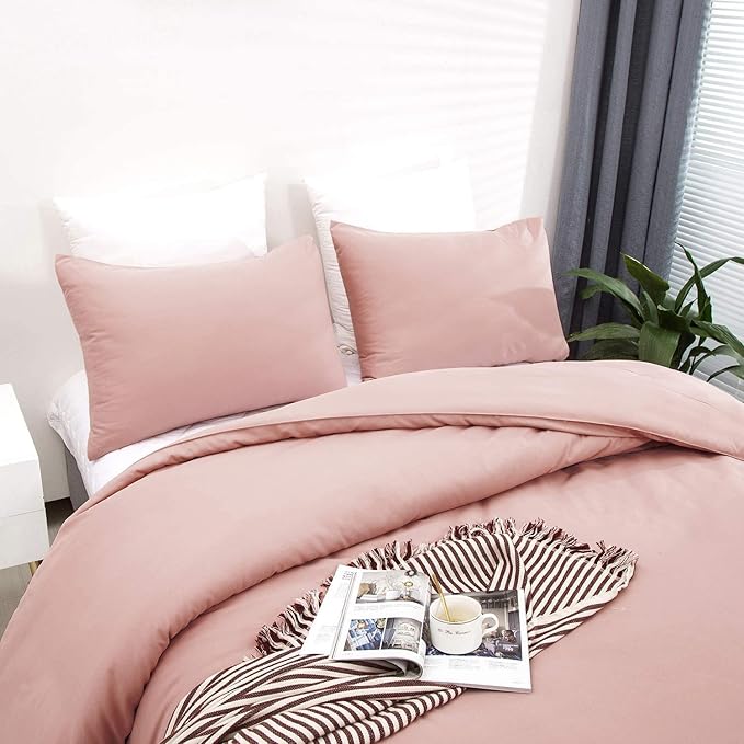 KAREVER Pink Comforter Sets Pure Blush Color Bedding Set Women Lightweight Comforter Set Girls 3 Pieces Blanket Breathable Bed Comforter Set Durable Bedding Set