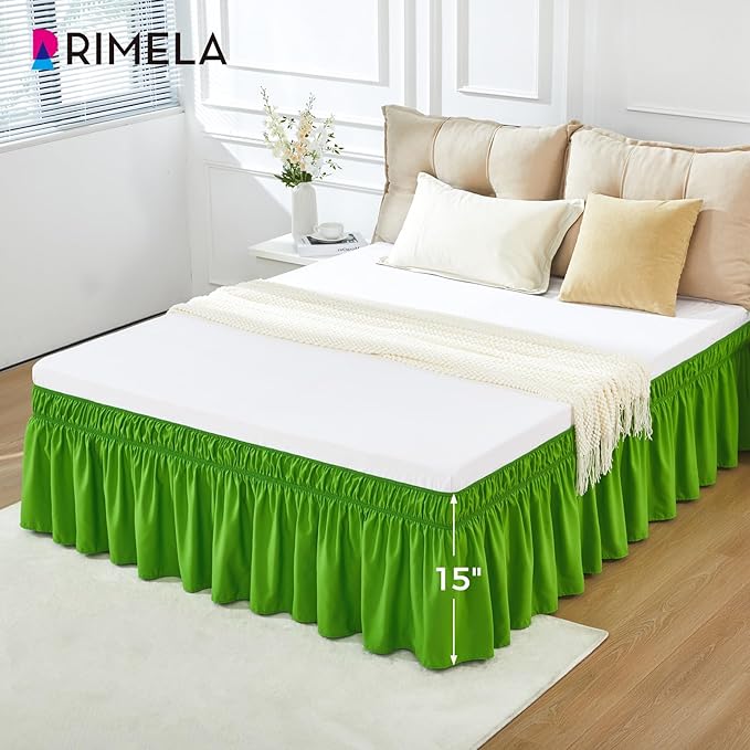 RIMELA Green Bed Skirt King Size 15 Inch Drop, Elastic Bed Skirting for Bed Base and Frame, Bedding Dust Ruffle Easy to Install, Lightweight Wrap Around Adjustable Bedskirt