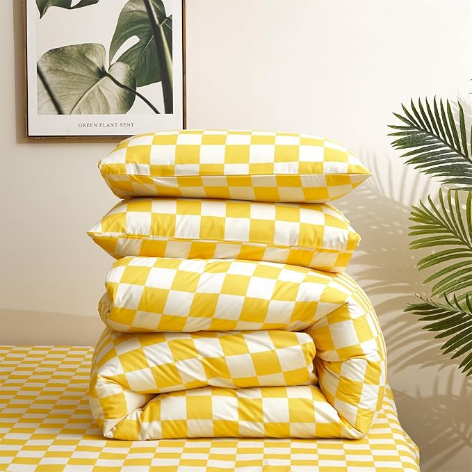 KAREVER Yellow White Grid Comforter Set Queen Yellow Plaid Bedding Set Women Yellow and White Checkered Bed Comforter Set Breathable Blanket Set Men Durable Bedding Comforter Set