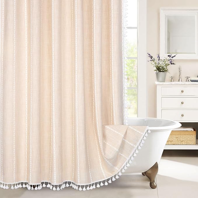 MitoVilla Beige Boho Long Shower Curtain 72 x 78, Cream Farmhouse 78 inch Long Polyester Linen Fabric Shower Curtains with Tassel for Chic Cottagecore French Country Bathroom Decor