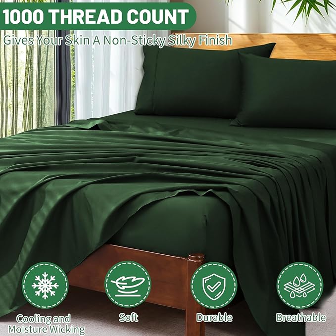 Extra Deep Pocket King Sheets 18-24 Inch 1000 Thread Count 100% Egyptian Cotton Sateen Weave Soft Breathable 4 Pieces（King，Forest Green）