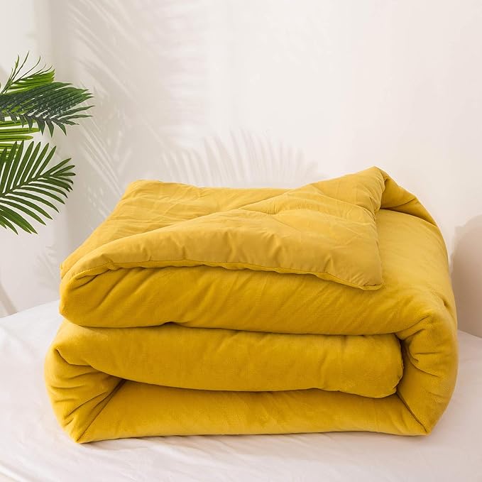 Cottonight Yellow Velvet Comforter Set Full Women Men Mustard Yellow Flannel Plush Fluffy Bedding Comforter Set Full Warm Heavyweight Winter Shearp Micromink Quilts Comforter Soft Comfy