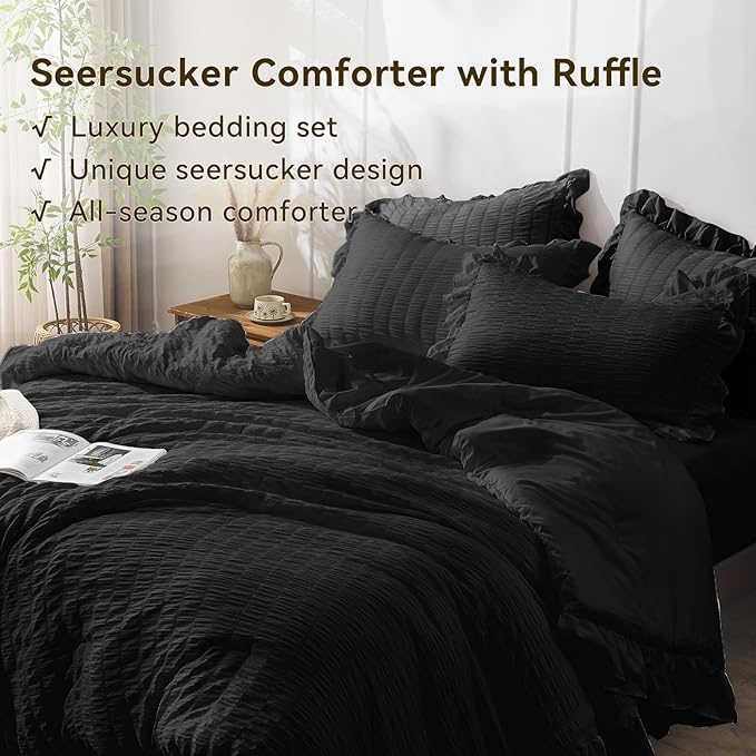 JOLLYVOGUE Black Twin Size Comforter Set, 2 Pieces Seersucker Lightweight Fluffy Bedding Set, Twin Ruffle Comforter, All Season Soft Microfiber Shabby Chic Bed Set for Girls