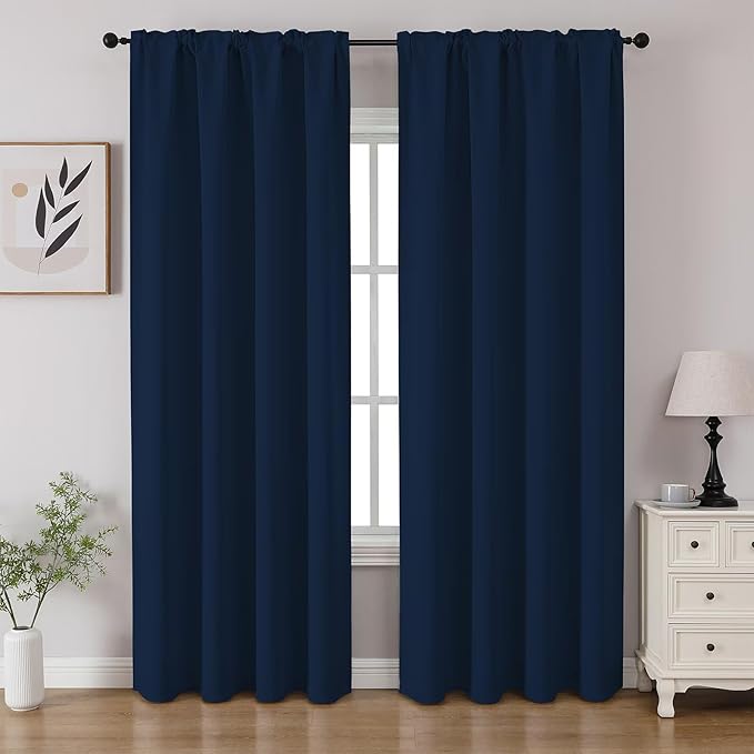 CUCRAF Navy Blue Blackout Curtains 90 inch Length 2 Panels Set, Rod Pocket Room Darkening Drapes for Bedroom Living Room, Insulated Thermal Light Blocking Window Curtain (W52 x L90 Inch)