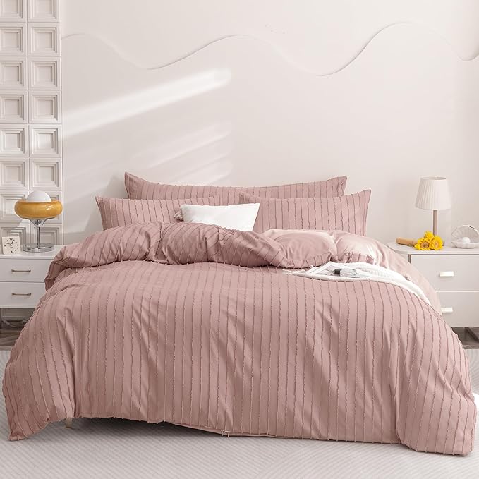 JELLYMONI Duvet Cover Full Size Smokey Pink - 3PCS Boho Striped Duvet Cover Set Polyester Tufted Bohemian Textured Comforter Cover 80×90in with Corner Ties & Zipper and 2 Pillowcases