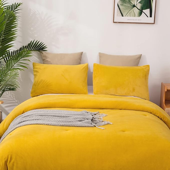 Cottonight Yellow Velvet Comforter Set Full Women Men Mustard Yellow Flannel Plush Fluffy Bedding Comforter Set Full Warm Heavyweight Winter Shearp Micromink Quilts Comforter Soft Comfy