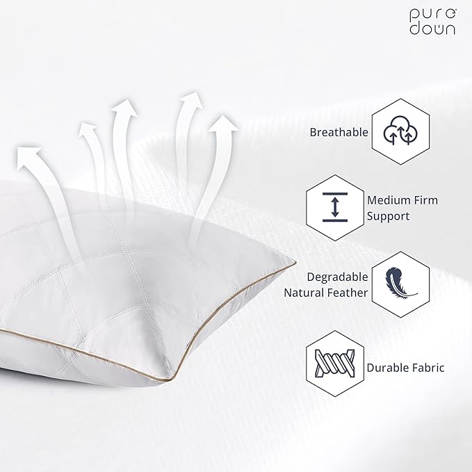 puredown® Goose Feathers and Down Pillow with Diamond Quilting with 100% Cotton Cover, Pack of 1, Queen Size
