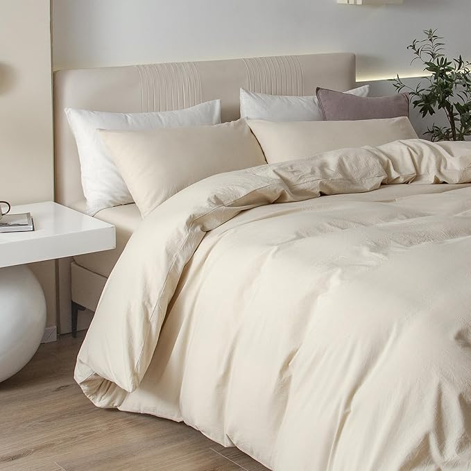 JIYUAN 100% Washed Cotton Duvet Cover Set 3 Pieces Alaska King, 1 Duvet Cover 132x120 Inches(Comforter Not Included) and 2 Pillowcases,Linen Feel Bedding Set Comfy and Breathable,Heathered Beige