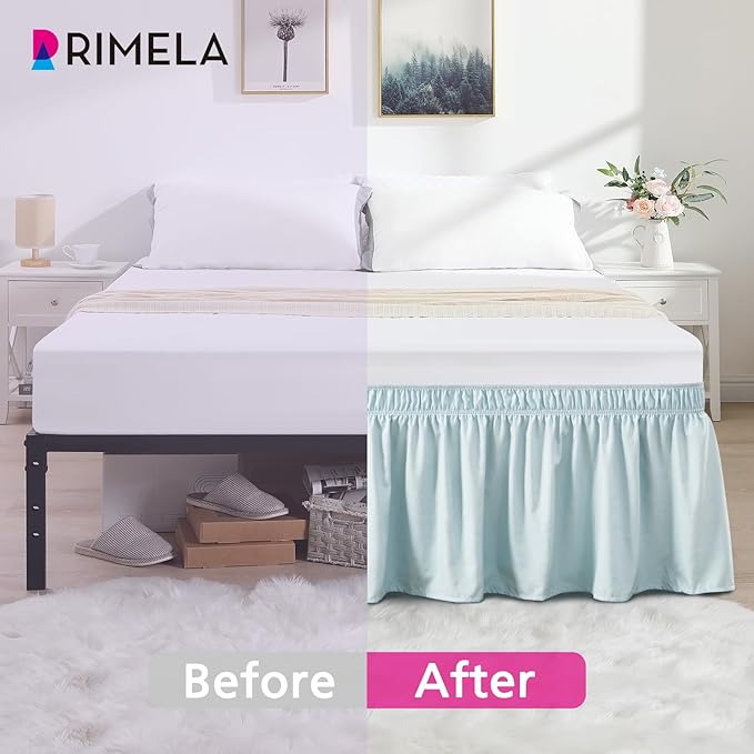 RIMELA Grayish Blue Bed Skirt Queen Size 18 Inch Drop, Wrap Around Elastic Bedskirt, Dust Ruffle for Adjustable Bed Base Machine Washable Easy to Install Bed Skirts