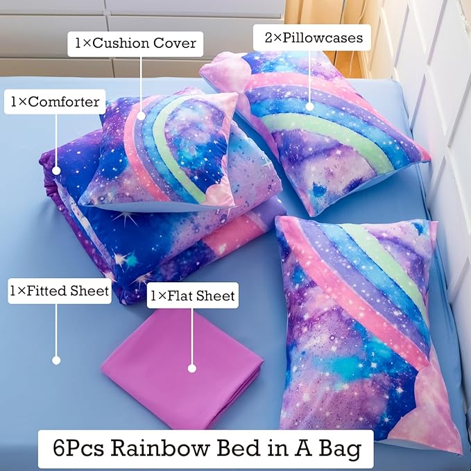 ANGIYUIN Tie Dye Blue Rainbow Comforter Set Queen Size 6 Pieces Gradient Glitter Girls Bed in A Bag Twinkle Nebula Comforter Bedding Set for All Season
