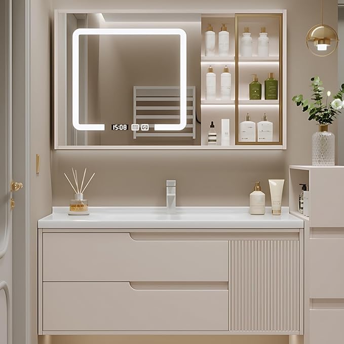 Cream Grey Sophisticated Bathroom Vanity - Bathroom Vanity with Smart Storage & Mirror Cabinet, Defogging, LED Light | Wall-Mounted Bathroom Storage Cabinet & Bathroom Vanity with Sink (Cream, 40IN)