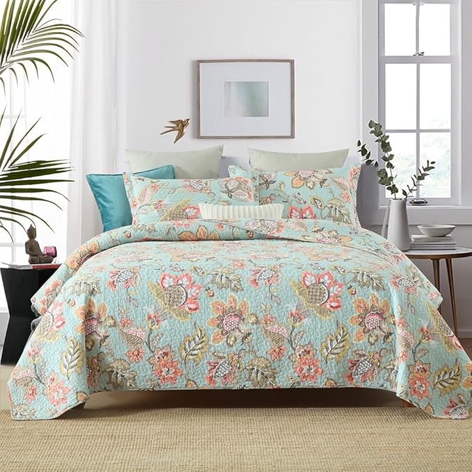 Cotton Bedspread Bedding Coverlet Quilt Sets, Reversible Vintage Branch Floral Bedspread comforters, (Vintage Floral Blue Pattern, Queen Size)