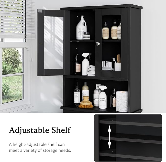 Meilocar Over The Toilet Storage Cabinet for Bathroom, Black Storage Organizer Over Toilet, Space Saver with 2 Tempered Glass Doors, Black