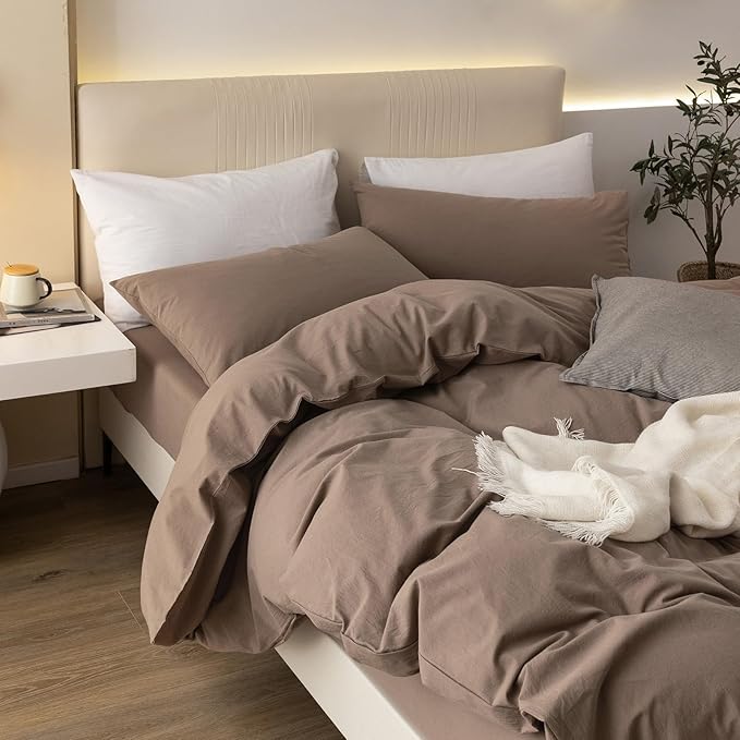 JIYUAN 100% Washed Cotton Duvet Cover Set 3 Pieces King, 1 Duvet Cover 104x90 Inches(Comforter Not Included) and 2 Pillowcases,Linen Feel Bedding Set Comfy and Breathable,Light Brown