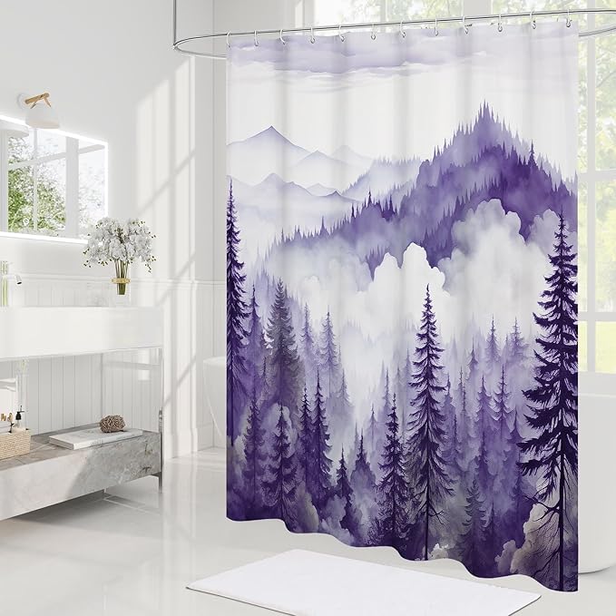 Purple Extra Long Misty Pine Forest Shower Curtain 72 x 84, XL Mountain Foggy Woodland Scenery Tree Shower Curtains for Bathroom, Abstract Waterproof Nature-Themed Decor