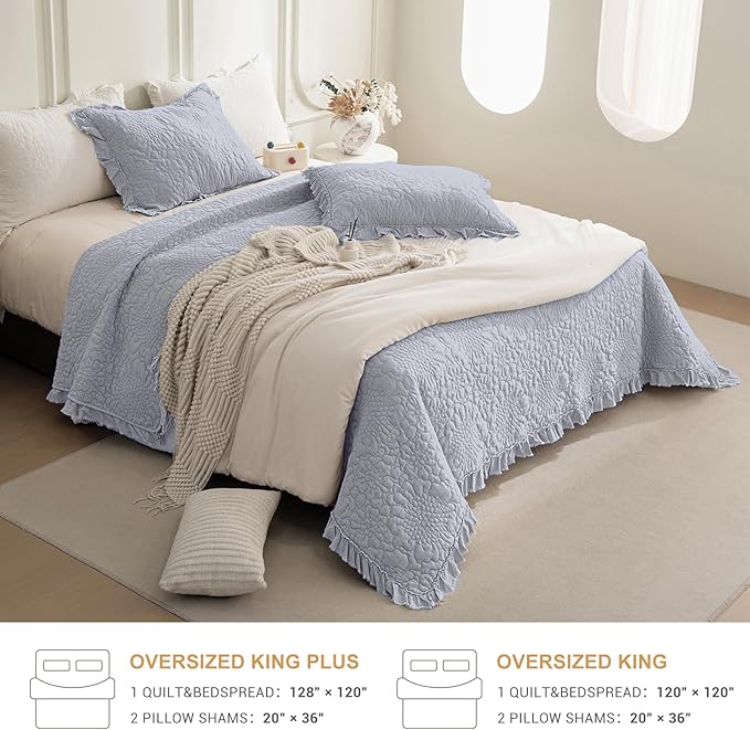 QSH 3PCs Cornflower Blue Oversized King Quilt Bedspread Set(120"x120"),Stonewashed Cotton Ruffle Quilt California King,Soft Lightweight Crinkled Shabby Bedspread Coverlet Bedding Set for All Seasons