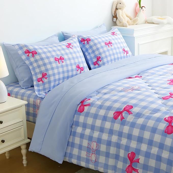 Wajade Bow Comforter Set 7 Piece Blue White Plaid Comforter Sets for Girls Kids Twin Size Checkered Bedding Set with Sheet and 2 Pillowcases 2 Pillow Shams Cute Girls Bed in a Bag as Birthday Choice