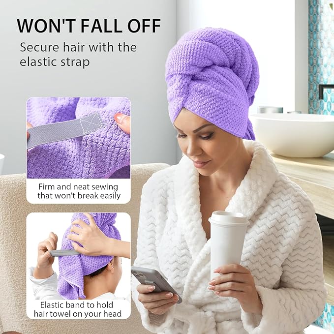 YFONG X-Large Hair Towel Wrap for Women, Super Absorbent Microfiber Hair Towel for Curly Hair, Fast Drying Hair Turbans with Elastic,Hair Drying Towel Wrap for Hair Care 30" X 40" (Purple)