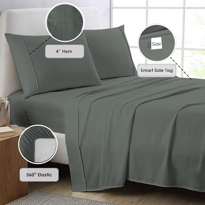 Pizuna Pure 100% Cotton Queen Size Sheets, 800 Thread Count Long Staple Cotton Crisp Sateen Sheets with 15inch Deep Pocket - Combed Dark Grey Cotton