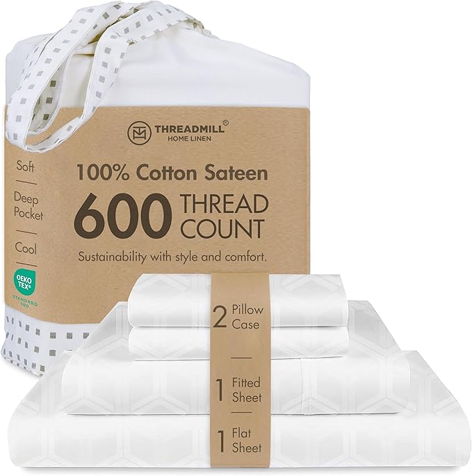 Threadmill 100% Cotton Sheets for Queen Size Bed - 600 Thread Count Queen Bed Sheets Set with 16” Deep Pocket - Jacquard Sateen Weave 4-Piece Bedding Set with Cooling Effect, Light Grey