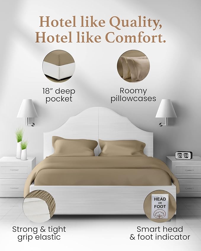 Good Sleep Bedding King Bed Sheet Set - 4 Pc, Egyptian Cotton Sheets, Hotel Style Sheets King Size Deep Pocket, Fits Upto 16 Inch, Soft & Breathable Sheet & Pillowcase Sets - Taupe