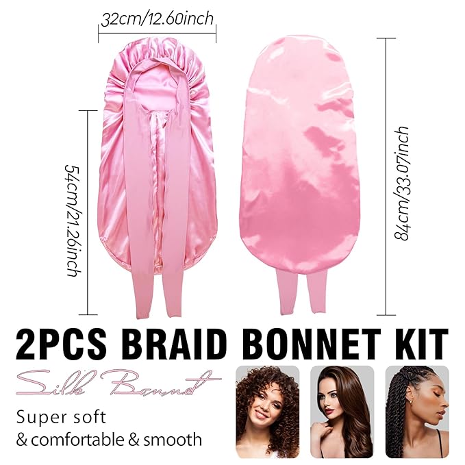 2Pcs Bonnets for Women Sleeping Braid Bonnet, Large Long Satin Silk Bonnet for Braids, Black Women Braid Bonnets with Stretchy Tie Band for Sleeping Extra Long (Pink & Leopard)