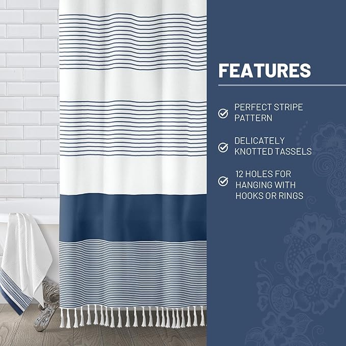 Awellife Navy Blue Shower Curtain for Bathroom Stripe Tassel Shower Curtain 72 X 96 Inches Farmhouse Cotton Extra Long