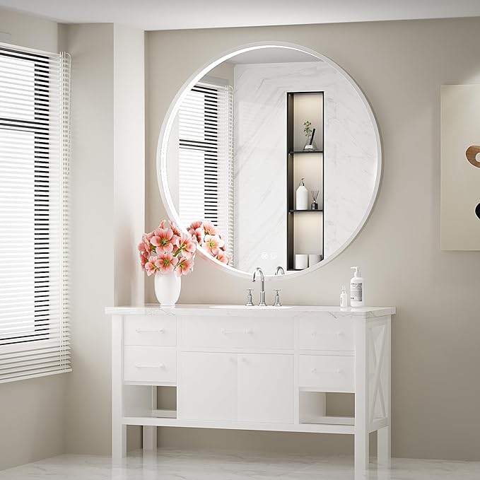 36" Round LED Bathroom Mirror, Dimmable Anti-Fog Vanity Mirror with Touch Control, 6000K Natural Light, Silver Metal Frame, Wall Mounted for Makeup Shaving (IP54, 90+ CRI)