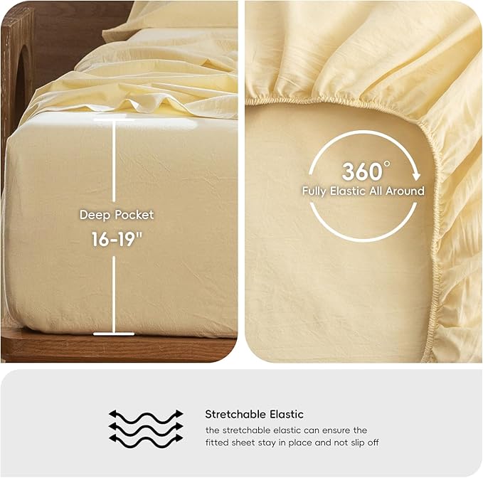 MooMee Bedding Sheet Set 100% Washed Cotton Linen Like Textured Breathable Durable Soft Comfy (Heathered Butter Yellow, Full)
