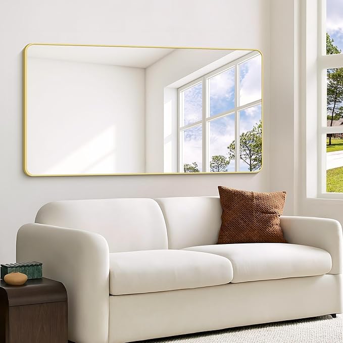 55"x36" Gold Bathroom Mirror, Large Rectangle Mirror, Rectangular Wall Mirror, Rounded Corner Vanity Mirror with Aluminum Metal Frame for Bathroom Bedroom Living Room Horizontal/Vertical