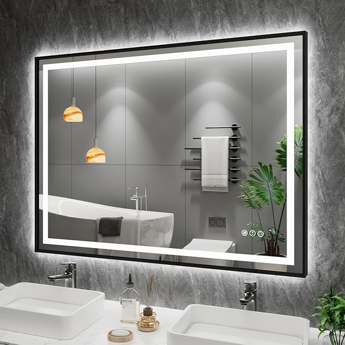 Amorho 50"X36" LED Bathroom Mirror, Front Light and Backlit with Black Frame, Stepless Dimmable, Anti-Fog, Shatter-Proof, Memory, 3 Colors Lighting, Double LED Vanity Mirror
