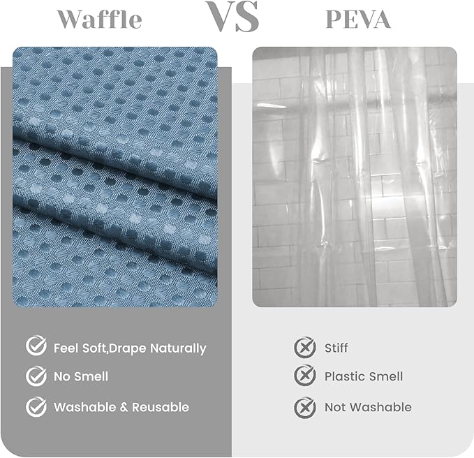 No Hook Shower Curtain with Snap in Liner Set Waffle Shower Curtain for Bathroom Hotel Style Fabric Waterproof Inner Liner，71" W x 74" H, Moonlight Blue