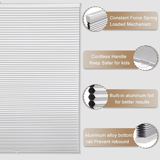 MYshade 1.5-Inch Cellular Cordless Blackout Shades,Thermal Insulating Noise Reducing Waterproof Blinds,Honeycomb Window Treatments for Indoor Light Control (White-41 W x 72" H)