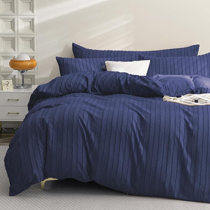 JELLYMONI Duvet Cover Twin Size Navy Blue - 3PCS Boho Striped Duvet Cover Set Polyester Tufted Bohemian Textured Comforter Cover 68×90in with Corner Ties & Zipper and 2 Pillowcases
