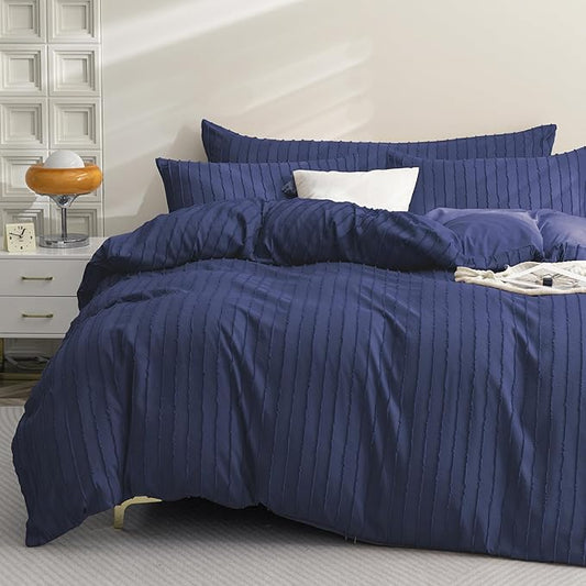 JELLYMONI Duvet Cover King Size Navy Blue - 3PCS Boho Striped Duvet Cover Set Polyester Tufted Bohemian Textured Comforter Cover 104×90in with Corner Ties & Zipper and 2 Pillowcases