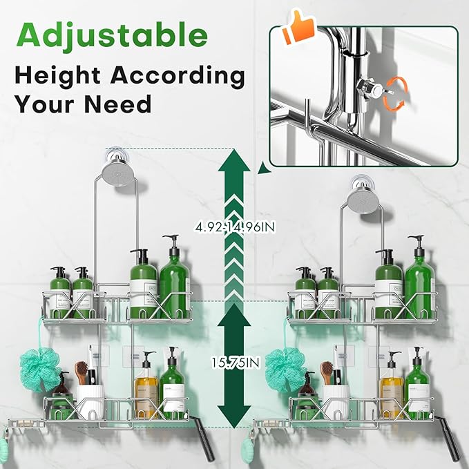 Stainless Steel Shower Caddy for Handheld Shower Heads,Rustproof Hose Shower Organizer Adjustable Length Shower Rack with 24 Hooks,Razor Holder,Soap Holder