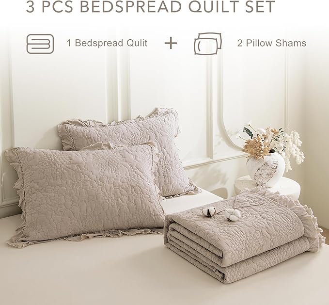 QSH 3PCs Linen Feel Oversized King Quilt Bedspread Set(120"x120"),Stonewashed Cotton Ruffled Quilt California King,Ultra Soft Lightweight Crinkle Shabby Bedspread Coverlet Bedding Set for All Seasons