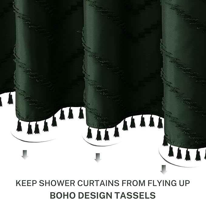 Extra Long Dark Green Boho Shower Curtain with Tassel, Woven Fabric 96 in Shower Curtain, Tufted Chevron Striped, 72 x 96, Modern Chic Textured Minimalist Bathroom Shower