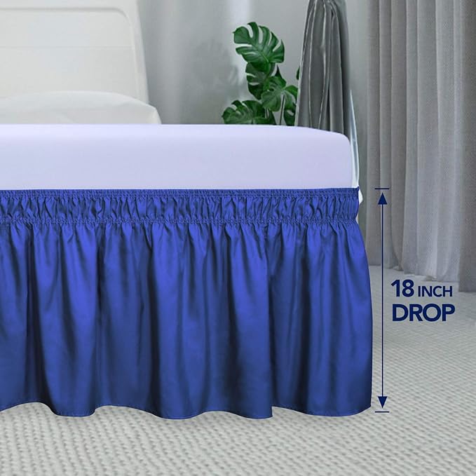 PureFit Wrap Around Ruffled Bed Skirt with Adjustable Elastic Belt - 18 Inch Drop Easy to Put On, Wrinkle Free Bedskirt Dust Ruffles, Bed Frame Cover for Twin, Twin XL and Full Size Bed, Classic Blue