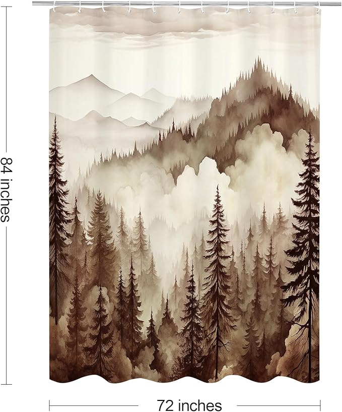 Brown Extra Long Misty Pine Forest Shower Curtain 72 x 84, XL Tan Mountain Foggy Woodland Scenery Tree Shower Curtains for Bathroom, Abstract Waterproof Nature-Themed Decor