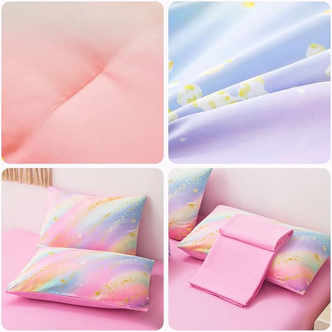 Rainbow Bedding Set Queen Size – 6-Piece Reversible Girls Comforter with Deep-Pocket Sheet, Gradient Galaxy Design, Whole-Piece Filling, Machine Washable Bed-in-a-Bag for Kids Room Makeover & Gifts