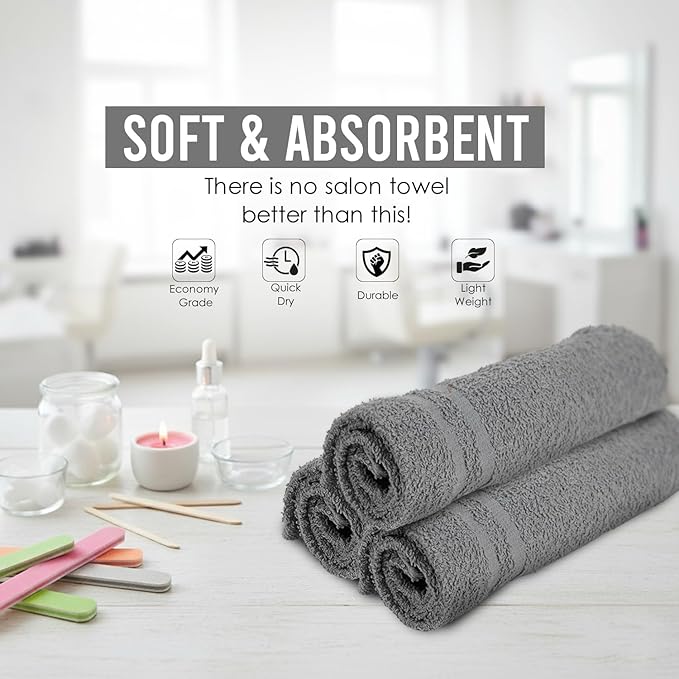 Salon Towels – 50 Pack Grey Hand Towel 100% Cotton Spa – 16x27 inches Highly Absorbable Facial Towels Gym Towels Hair Towel and Face Towel Bulk Small Towel (Not Bleach Proof)