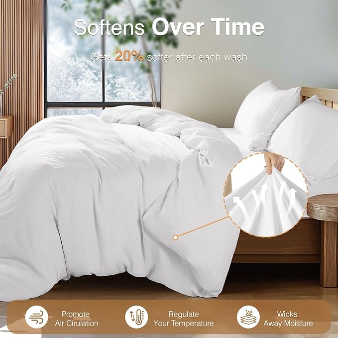 SONORO KATE 100% French Linen Duvet Cover, Soft Breathable for Hot Sleepers, Moisture Wicking & Durable Cover Set - Zipper Closure & 4 Corner Ties Duvet Covers 3 Piece (White,Cal King)