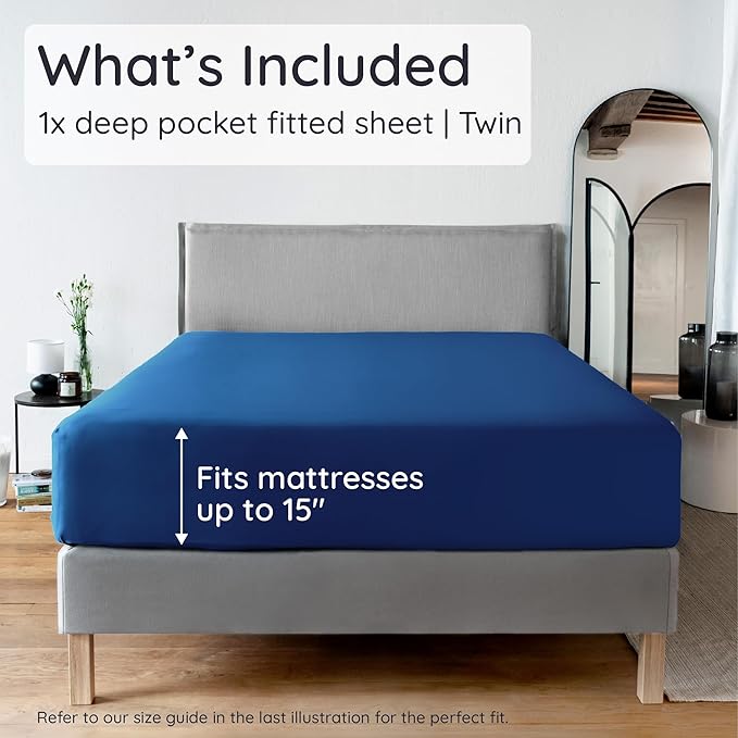 Bambaw 100% Viscose Derived from Bamboo Fitted Sheet Twin Size, Cooling Fitted Sheet Twin Size, 15’’ Deep Twin Size Fitted Sheets Only, Navy Blue Fitted Sheet Only, Soft Fitted Sheet (Navy Blue)