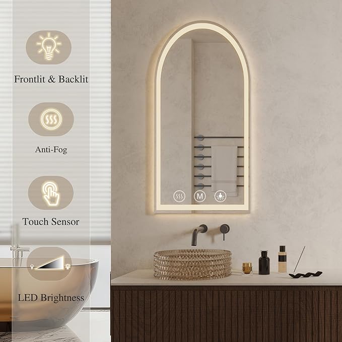 LED Bathroom Mirrors with Lights 24"x48" Arched Mirror for Wall,Led Vanity Mirror, Anti-Fog,LED Mirrors with Front Light and Backlit, Anti-Fog, Dimmable, 3 Color, Shatterproof, Touch Sensor