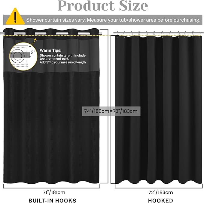 No Hook Shower Curtain with Snap in Liner Set Waffle Shower Curtain for Bathroom Hotel Style Fabric Waterproof Inner Liner，71" W x 74" H, Black