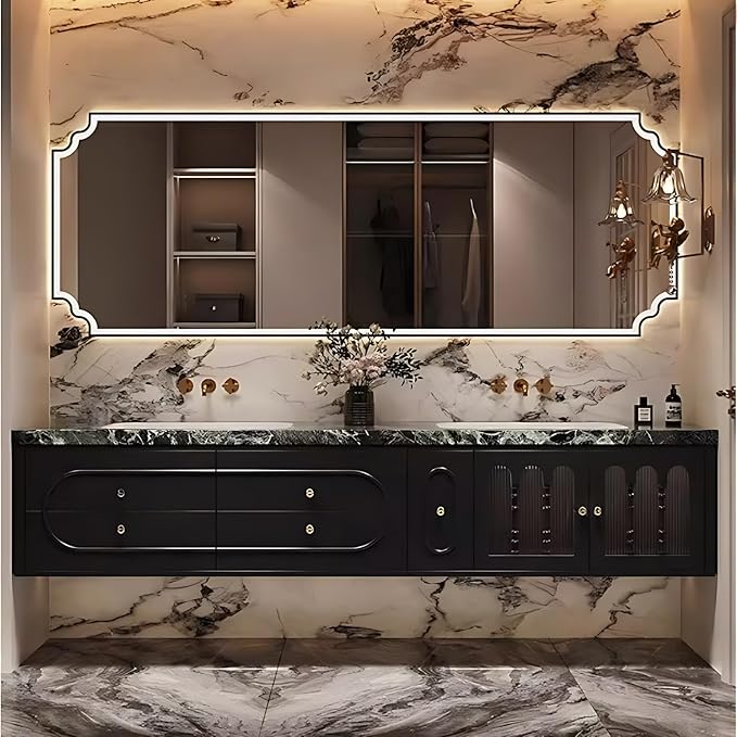 Bathroom Vanity with Sink - Luxurious Bathroom Sink Cabinet, Floating Vanity with Smart Defog Mirror and Solid Wood Multifunctional Cabinet, Complete Accessories (Black, 92")
