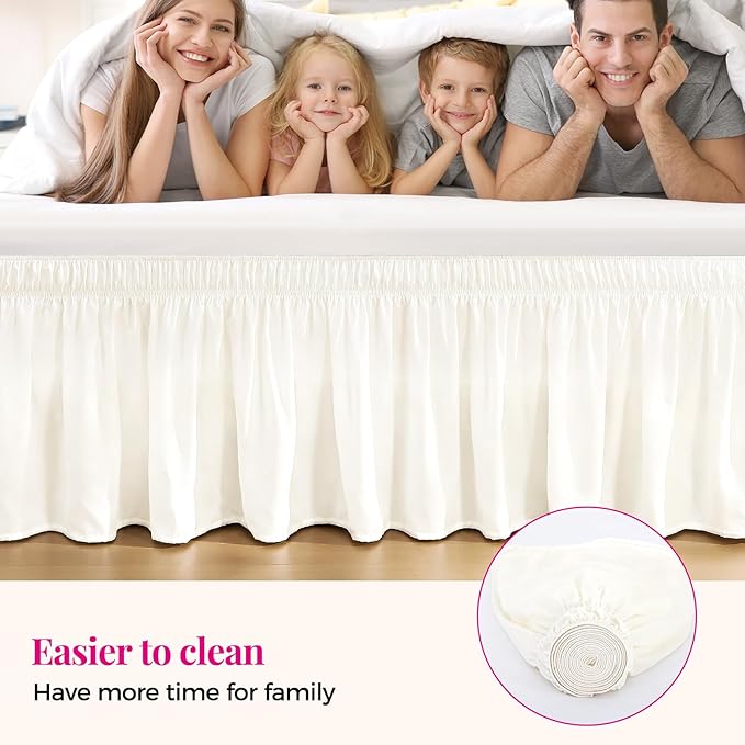 RIMELA Cream White Bed Skirt Queen Size 15 Inch Drop, Wrap Around Elastic Bedskirt, Dust Ruffle for Adjustable Bed Base Machine Washable Easy to Install Bed Skirts